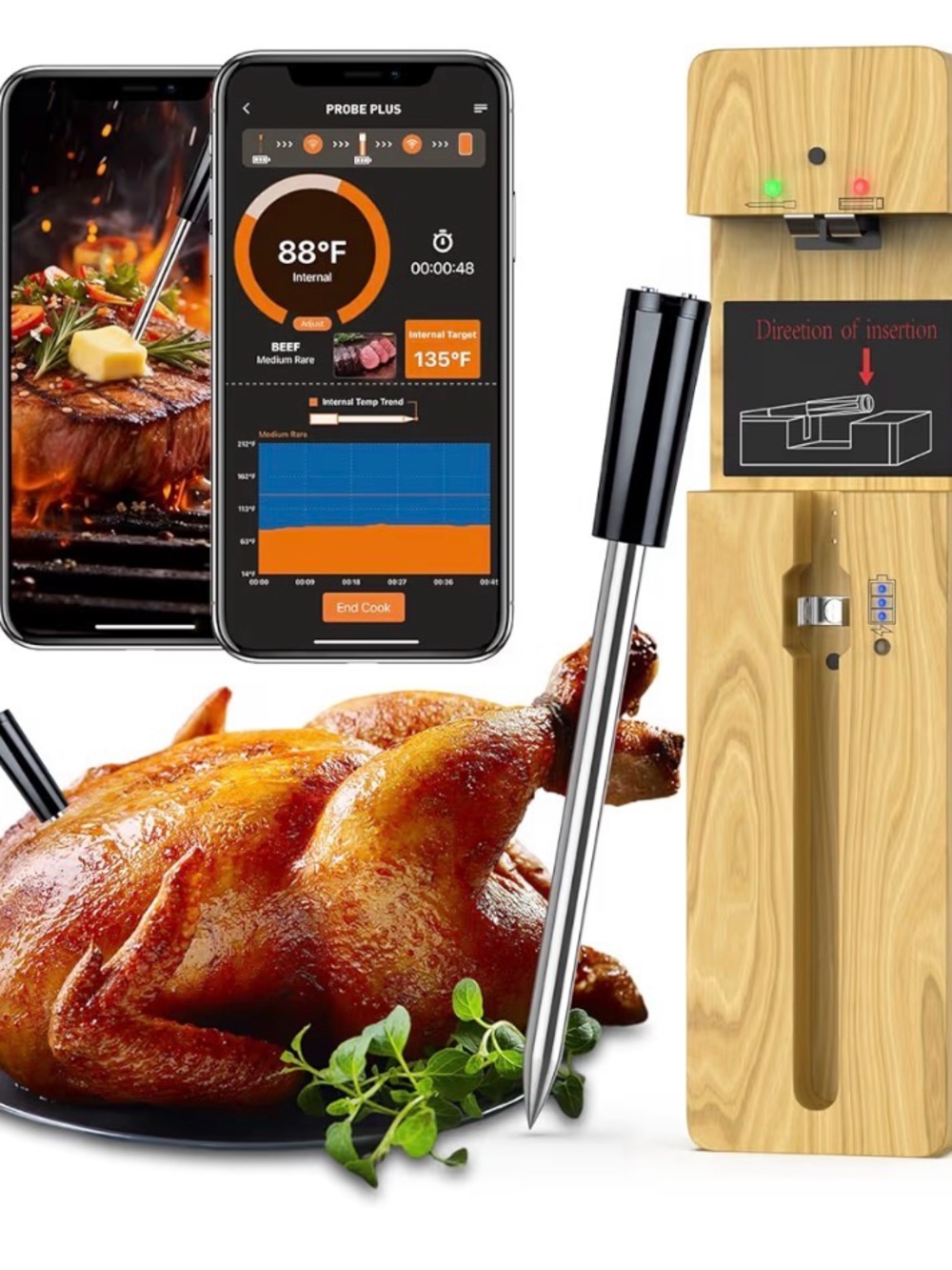 Wireless Meat Thermometer Probe with Black Handle - Smart BBQ Grilling Tool